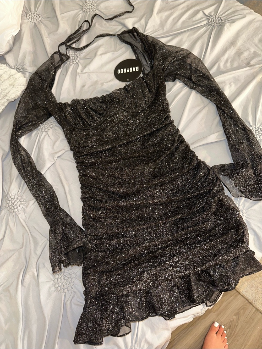 BAYBOO Black Sparkle Ruched Long-Sleeve Mini Dress